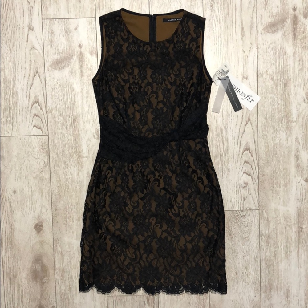 NWT Andrew Marc lace black gold lace Saks dress 4